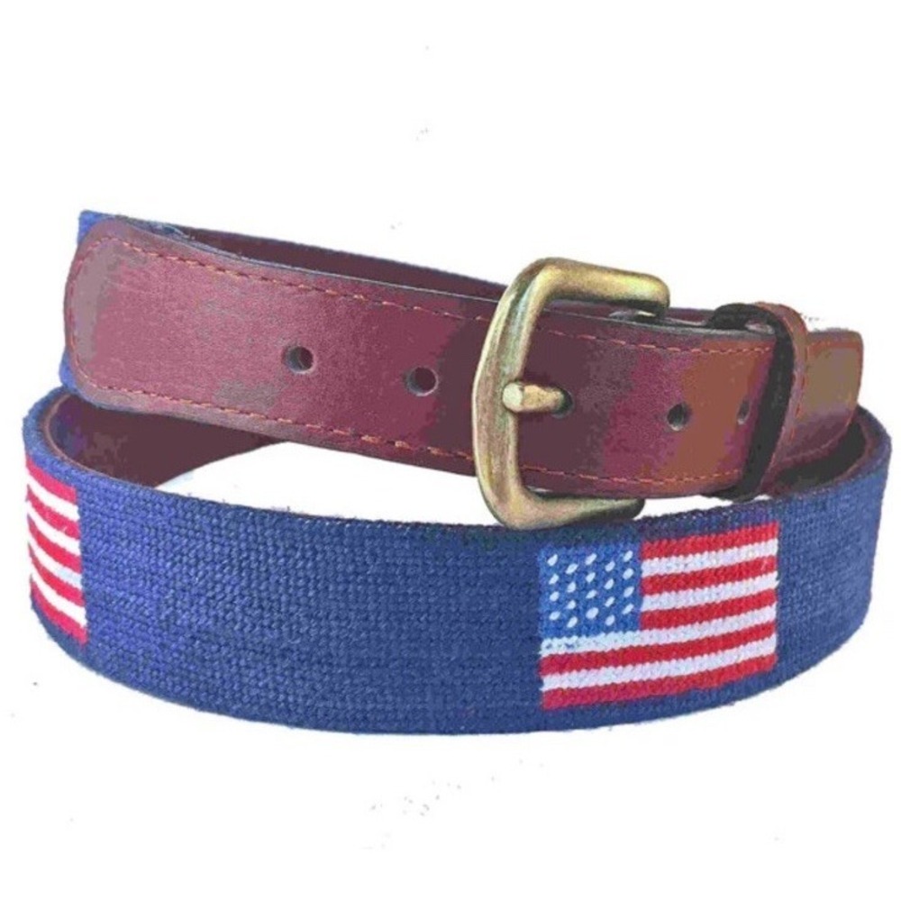 Smathers & Branson Needlepoint Belt 42 American Flag Leather USA  4th July USA